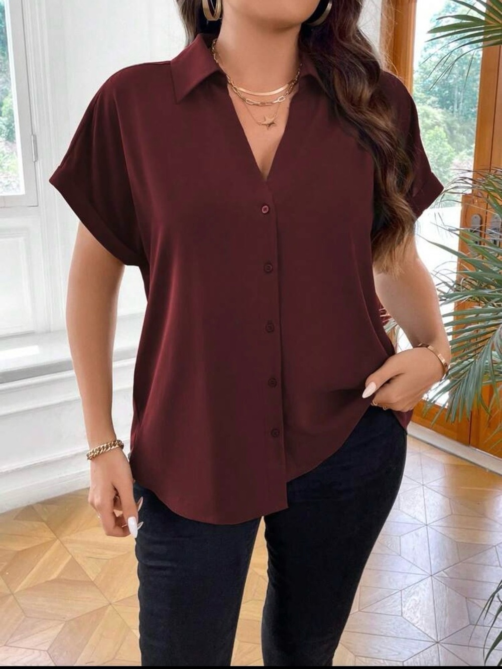 SHEIN Women's Button-Front Short Sleeve Top - Burgundy
